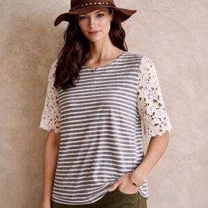 Anthro Sunday in Brooklyn Striped Lace Sleeve Soft Stretch Blouse  XS